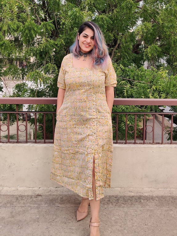 Primrose Hand Block Printed Button Side Slit Maxi Dress