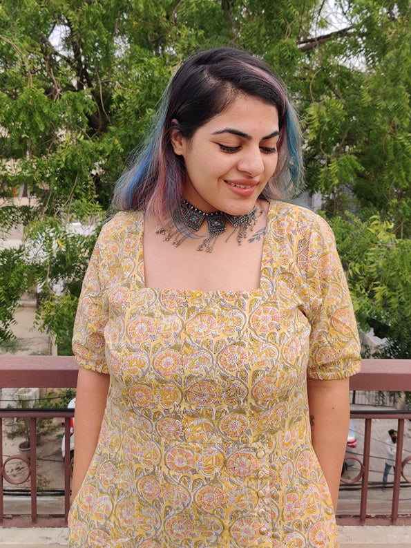 Primrose Hand Block Printed Button Side Slit Maxi Dress