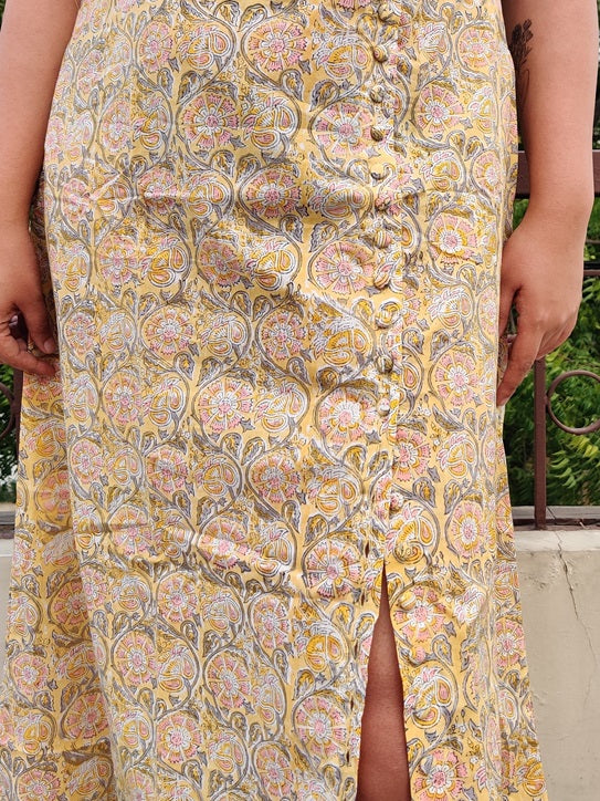 Primrose Hand Block Printed Button Side Slit Maxi Dress