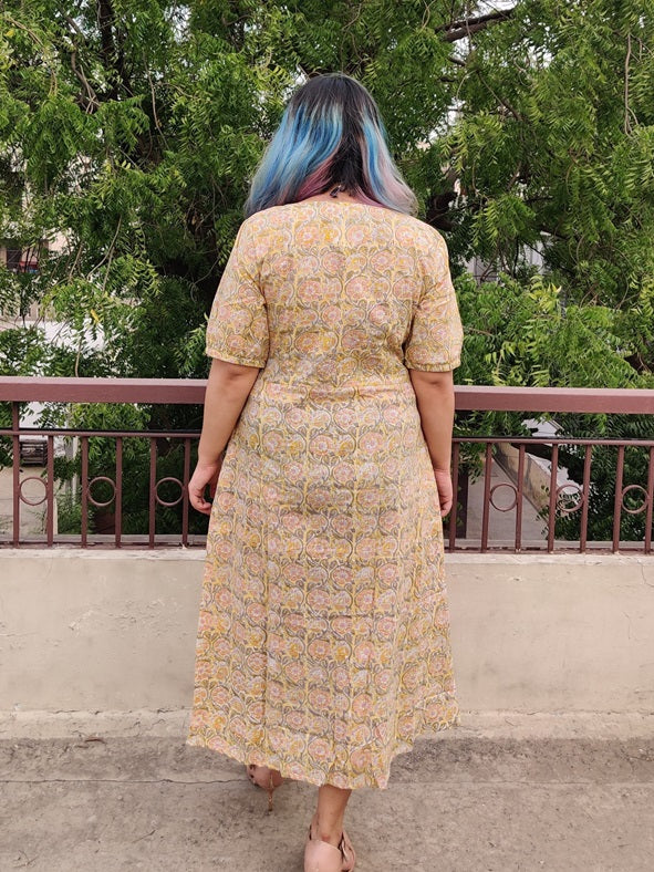 Primrose Hand Block Printed Button Side Slit Maxi Dress