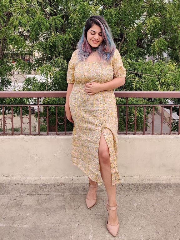 Primrose Hand Block Printed Button Side Slit Maxi Dress