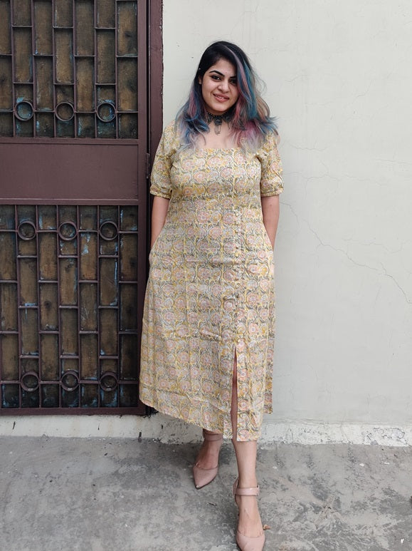 Primrose Hand Block Printed Button Side Slit Maxi Dress