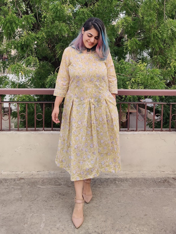 Snow Drop Hand Block Printed Midi Dress