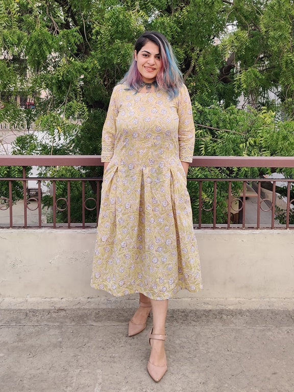 Snow Drop Hand Block Printed Midi Dress