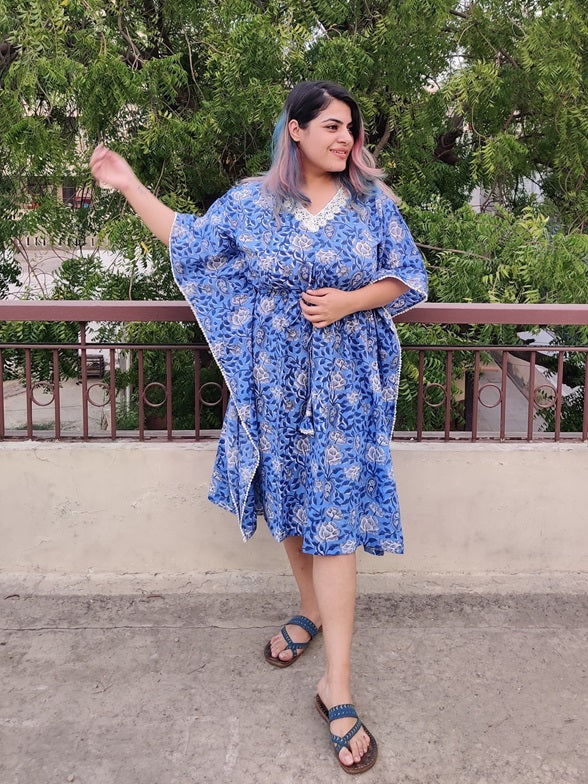 Blue White Floral V Neck Lace Midi Kaftan