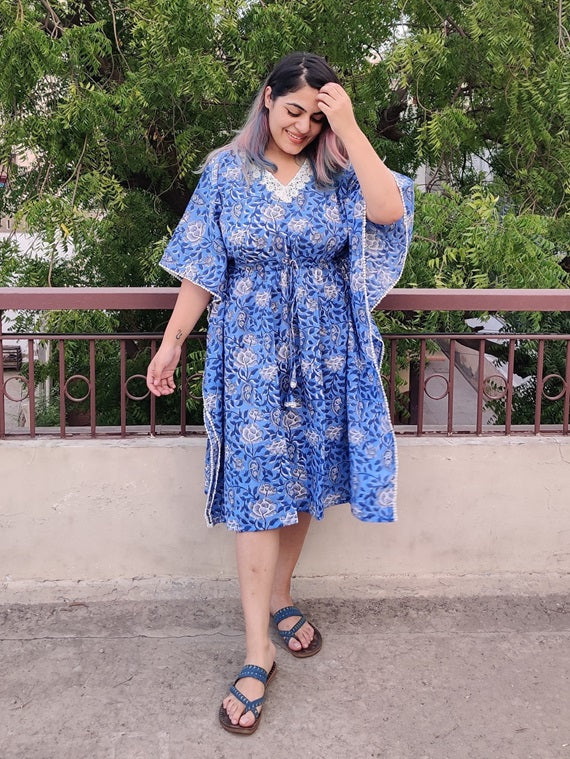 Blue White Floral V Neck Lace Midi Kaftan