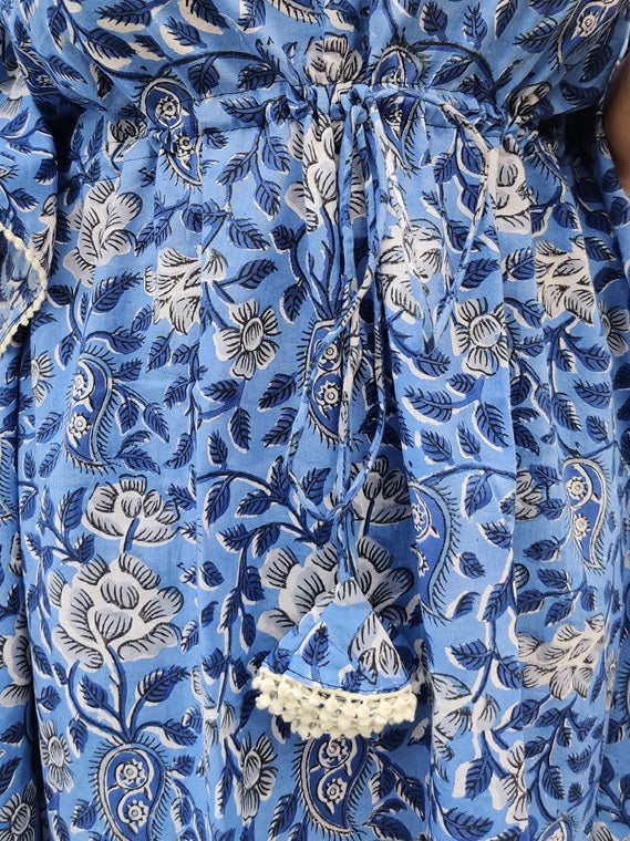 Blue White Floral V Neck Lace Midi Kaftan