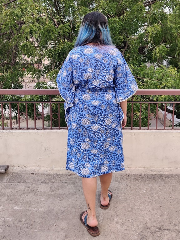 Blue White Floral V Neck Lace Midi Kaftan