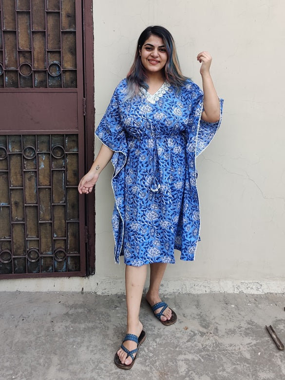Blue White Floral V Neck Lace Midi Kaftan
