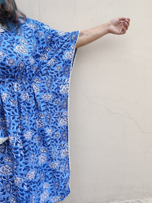 Blue White Floral V Neck Lace Midi Kaftan