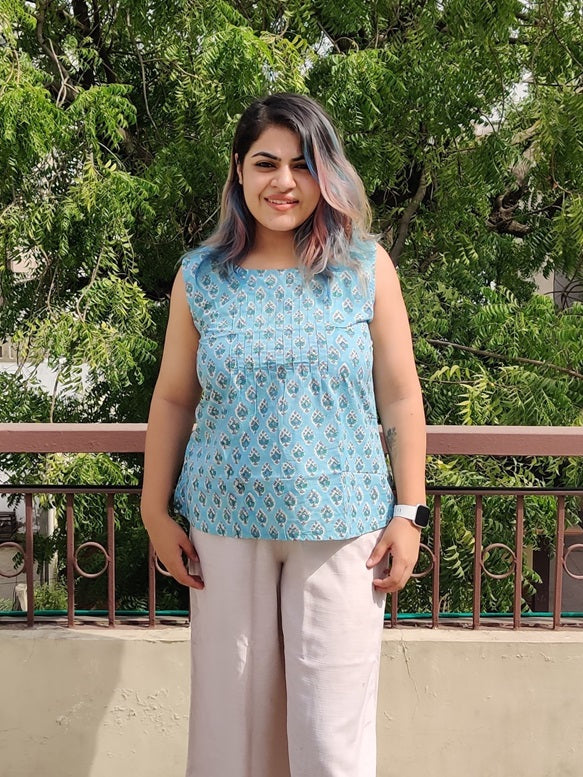 Pastel Blue Hand Block Printed Sleeveless top with Pintucks