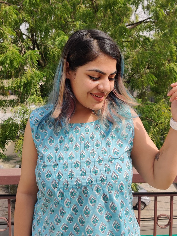 Pastel Blue Hand Block Printed Sleeveless top with Pintucks