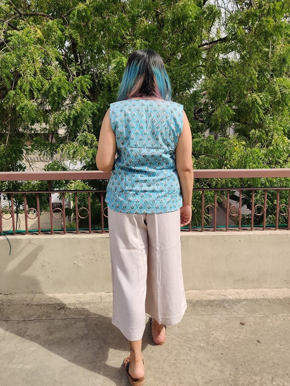 Pastel Blue Hand Block Printed Sleeveless top with Pintucks