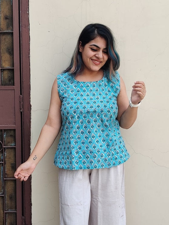 Pastel Blue Hand Block Printed Sleeveless top with Pintucks