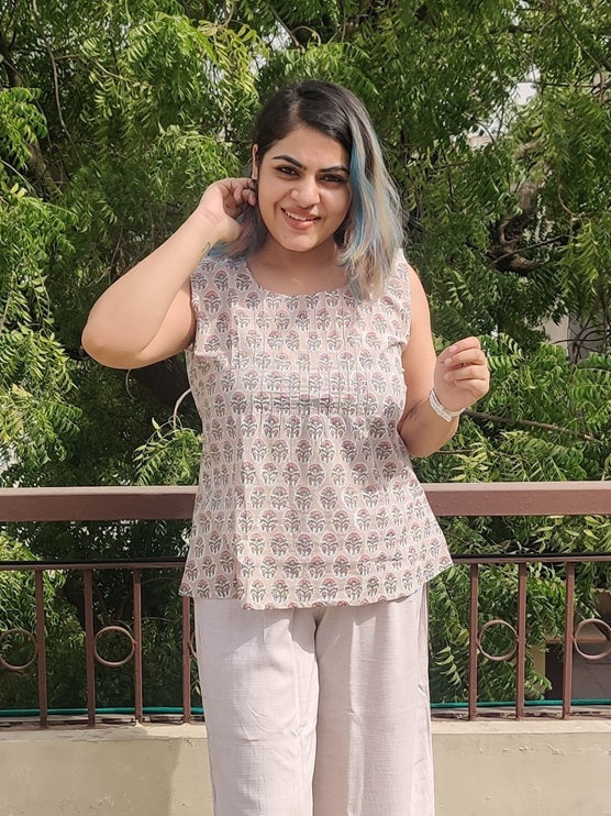 Magnolia hand Block Printed Sleeveless top with Pintucks