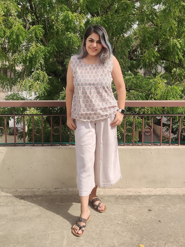 Magnolia hand Block Printed Sleeveless top with Pintucks