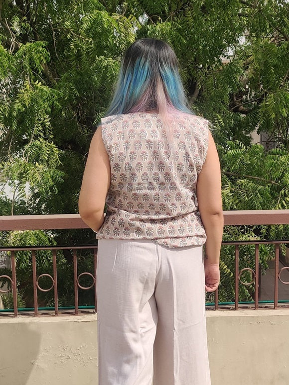 Magnolia hand Block Printed Sleeveless top with Pintucks