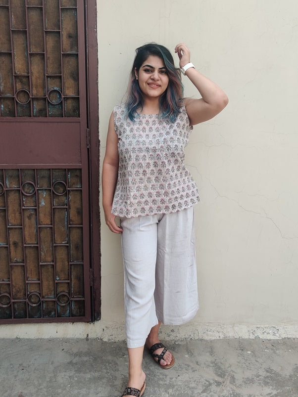 Magnolia hand Block Printed Sleeveless top with Pintucks