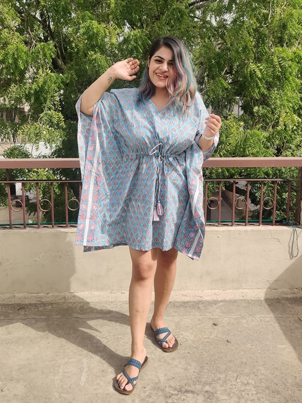 Blue Pink Hand Block Printed Knee Length Kaftan