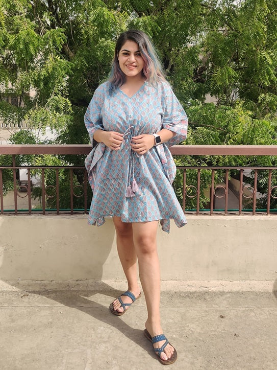 Blue Pink Hand Block Printed Knee Length Kaftan