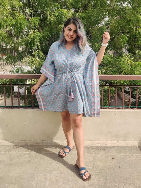 Blue Pink Hand Block Printed Knee Length Kaftan