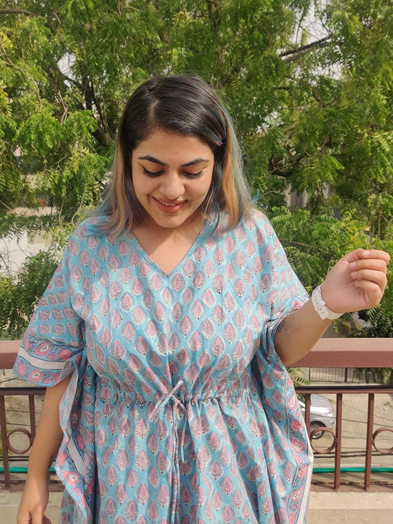 Blue Pink Hand Block Printed Knee Length Kaftan