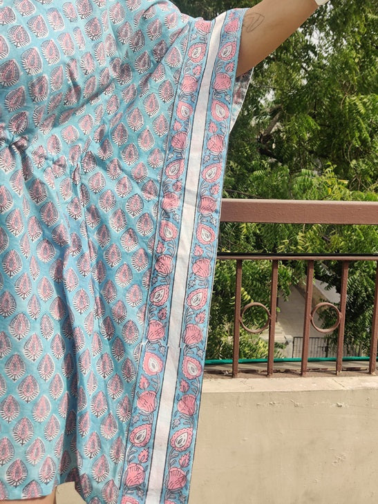 Blue Pink Hand Block Printed Knee Length Kaftan
