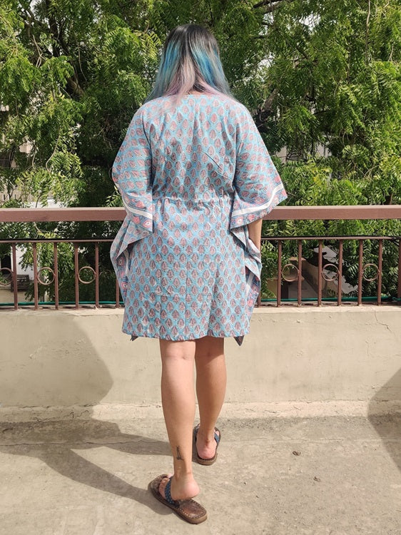 Blue Pink Hand Block Printed Knee Length Kaftan