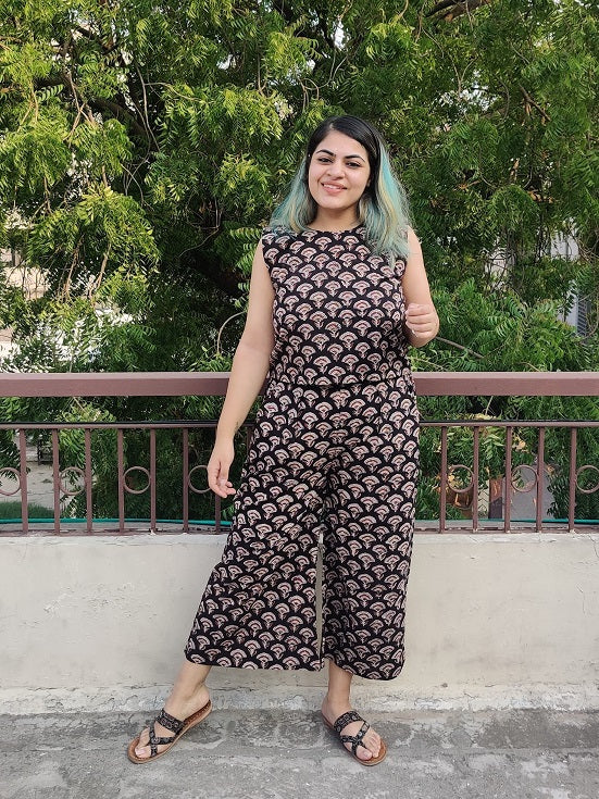 Black Red Bagru Coord Set with Sleeveless Top and High waist Plazzo