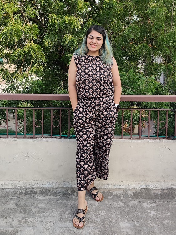 Black Red Bagru Coord Set with Sleeveless Top and High waist Plazzo