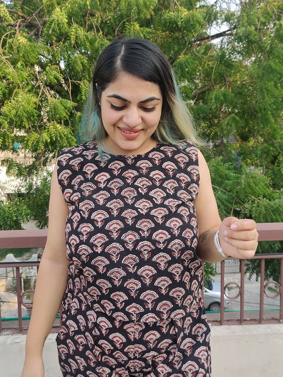 Black Red Bagru Coord Set with Sleeveless Top and High waist Plazzo