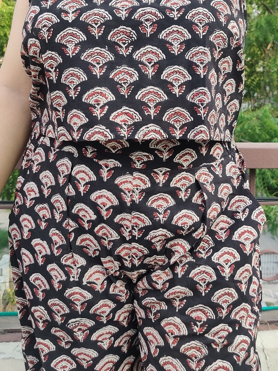 Black Red Bagru Coord Set with Sleeveless Top and High waist Plazzo