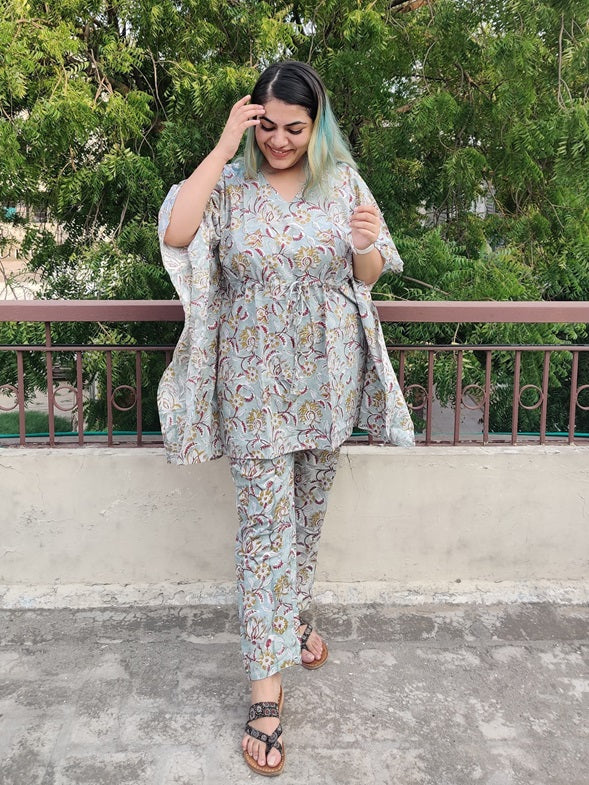 Sea Green Floral Hand Block Printed Kaftan Coord Set