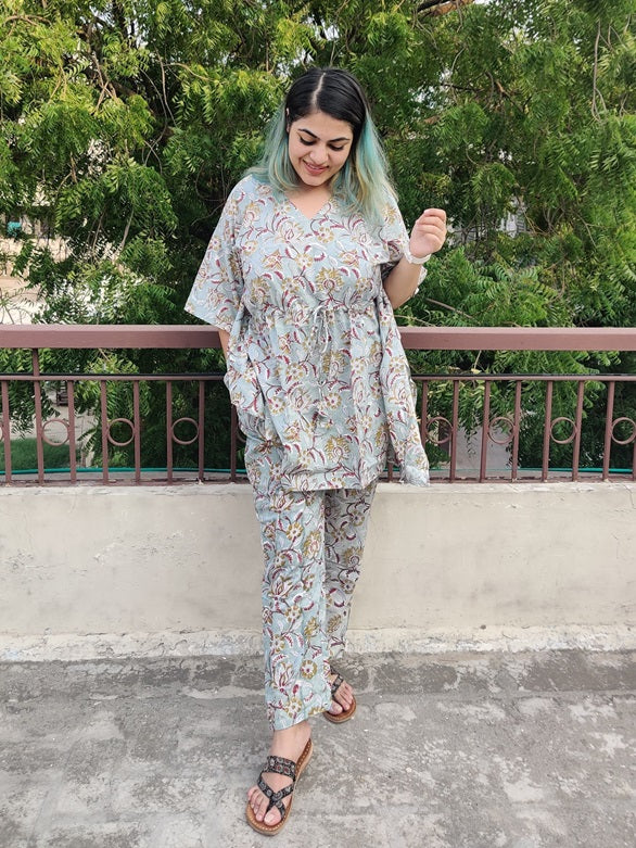 Sea Green Floral Hand Block Printed Kaftan Coord Set