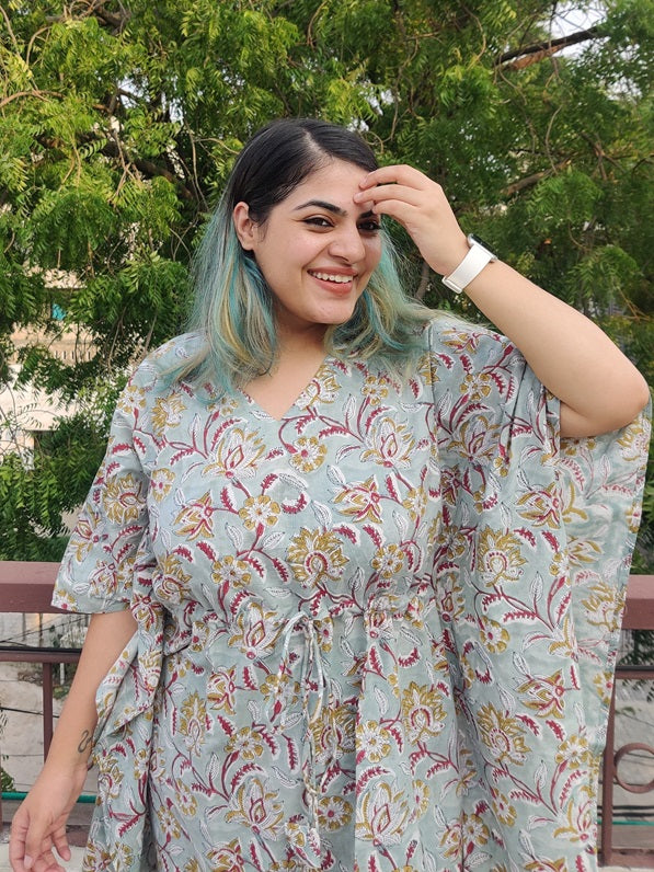 Sea Green Floral Hand Block Printed Kaftan Coord Set