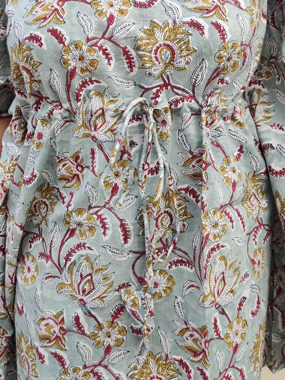 Sea Green Floral Hand Block Printed Kaftan Coord Set