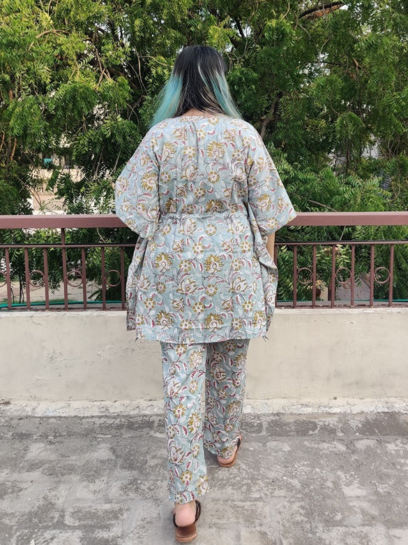 Sea Green Floral Hand Block Printed Kaftan Coord Set