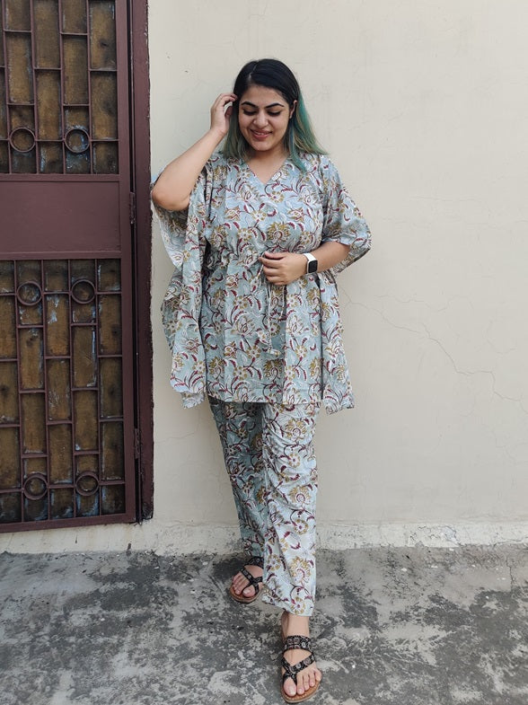 Sea Green Floral Hand Block Printed Kaftan Coord Set
