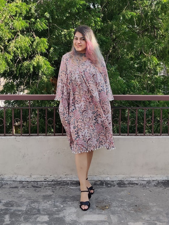 Brown Floral Hand Block Printed Comfort Fit Flared Dress with Pompoms