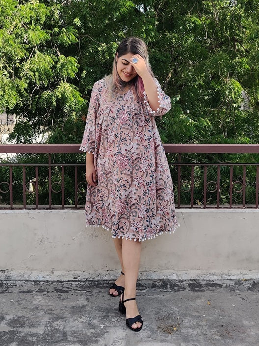 Brown Floral Hand Block Printed Comfort Fit Flared Dress with Pompoms