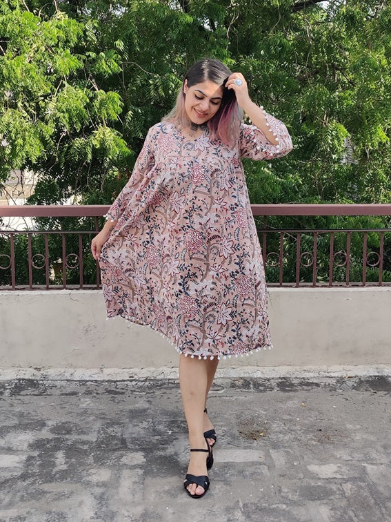Brown Floral Hand Block Printed Comfort Fit Flared Dress with Pompoms