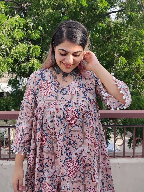 Brown Floral Hand Block Printed Comfort Fit Flared Dress with Pompoms