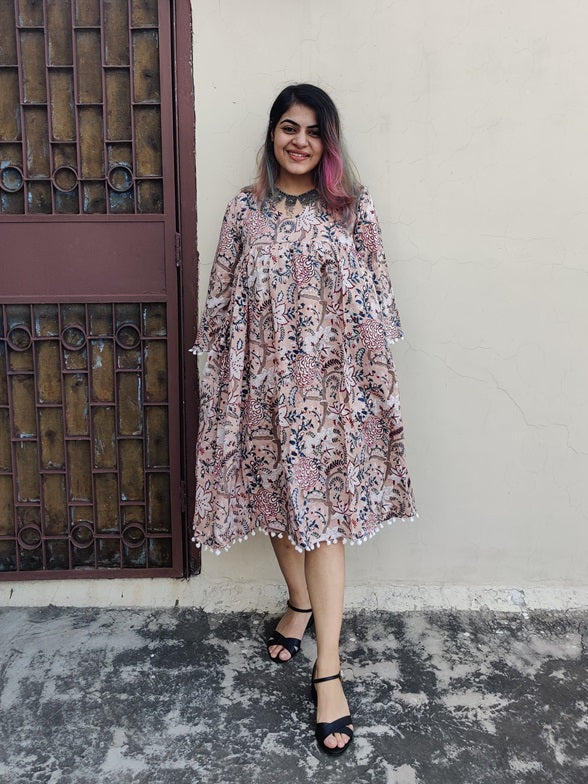 Brown Floral Hand Block Printed Comfort Fit Flared Dress with Pompoms