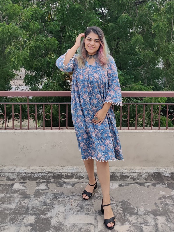 Blue Floral Hand Block Printed Comfort Fit Flared Dress with Pompoms