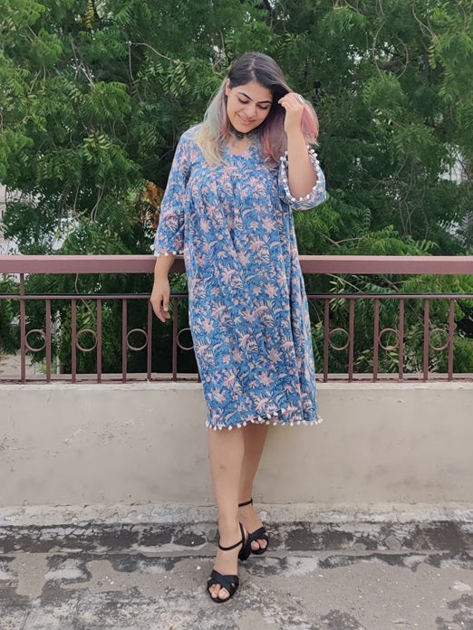 Blue Floral Hand Block Printed Comfort Fit Flared Dress with Pompoms