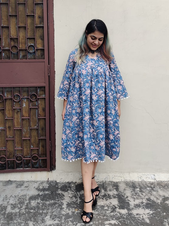 Blue Floral Hand Block Printed Comfort Fit Flared Dress with Pompoms
