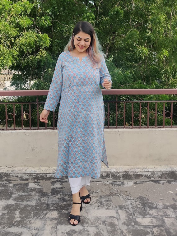 Blue Pink Hand Block Printed Cotton Long Kurta