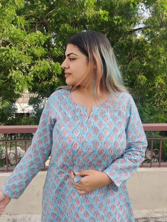 Blue Pink Hand Block Printed Cotton Long Kurta