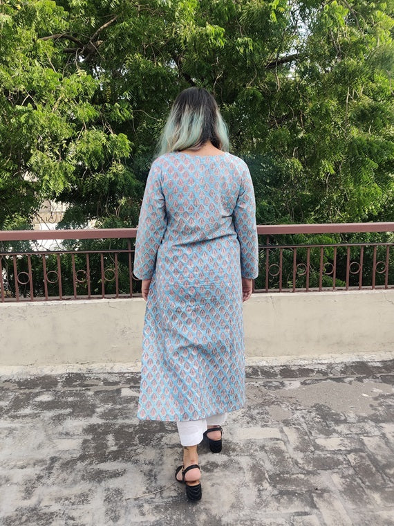 Blue Pink Hand Block Printed Cotton Long Kurta