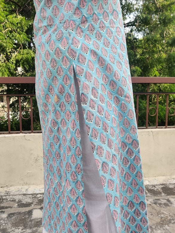Blue Pink Hand Block Printed Cotton Long Kurta